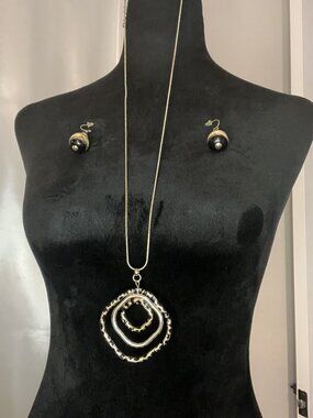 Chico's Black and Gold Tone Necklace and Pierced Earring Set